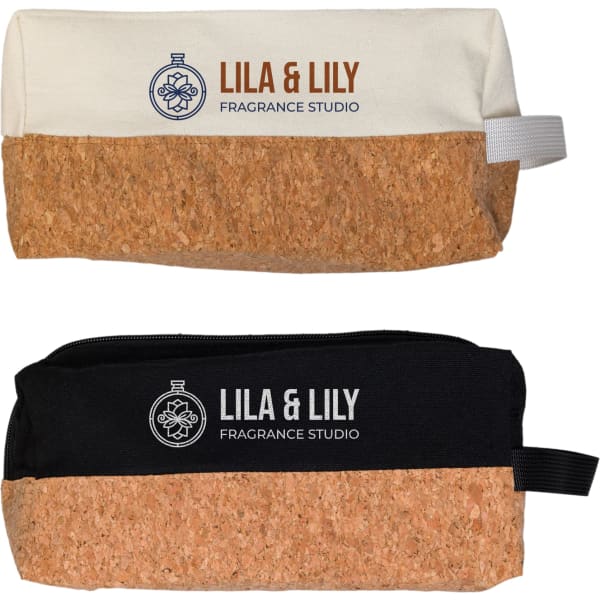 A cotton and cork utility pouch in cream and black with a logo, featuring a zip closure and fabric handle.