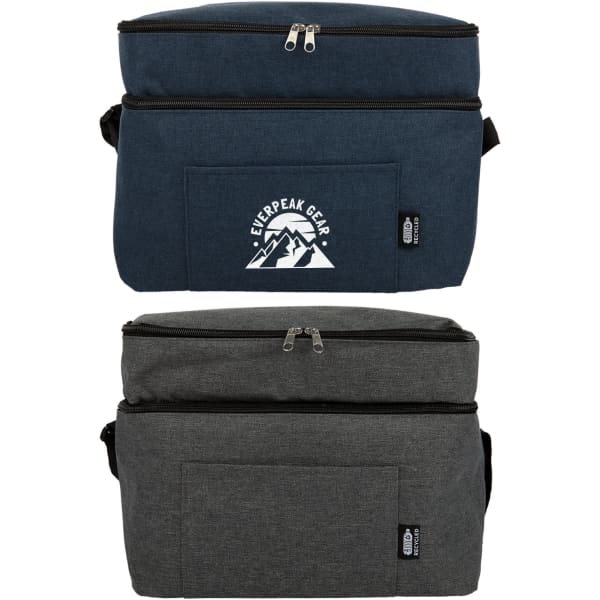A navy and grey cooler bag with dual compartments and a front pocket. It features a logo on the front.