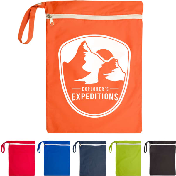 An orange wet bag with a mountain logo, featuring a zip closure and a handle. Available in additional colours: blue, red, green, grey, and black.