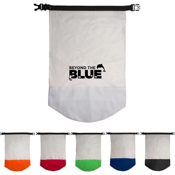 A waterproof bag in grey with a black logo, featuring lower sections in orange, red, green, blue, and black.