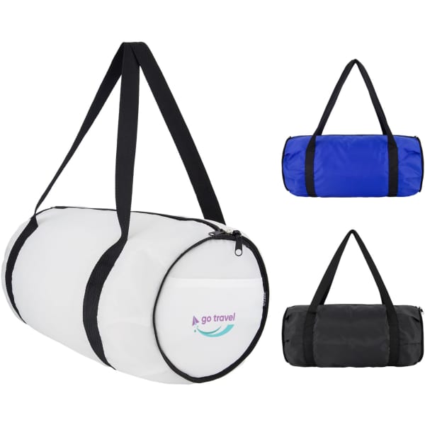 A Gather Duffle Bag featuring three colours: white, blue, and black, with a logo on the white bag.