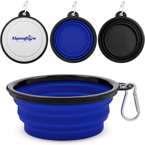 A collapsible bowl in blue with a black rim and carabiner, alongside white and black versions featuring a logo.