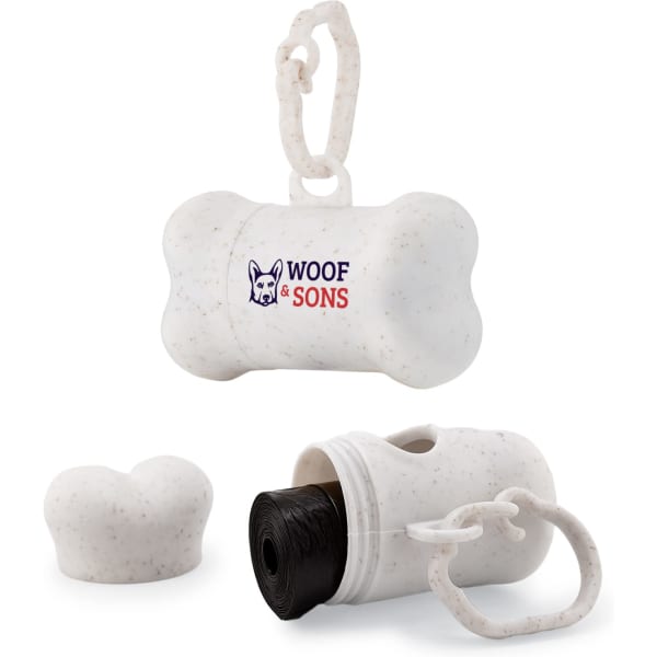 A bone-shaped dog waste bag dispenser in white with a logo and a roll of black waste bags inside.