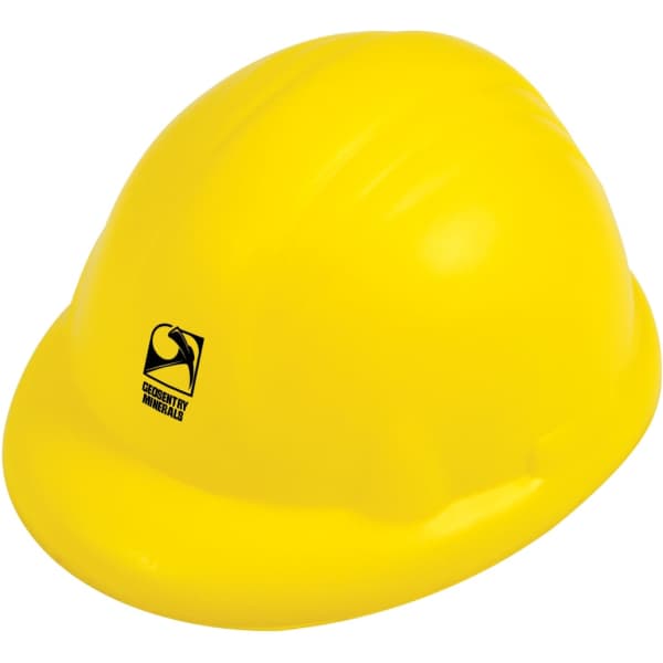 A yellow hard hat stress reliever with a logo, designed for fun and stress relief.