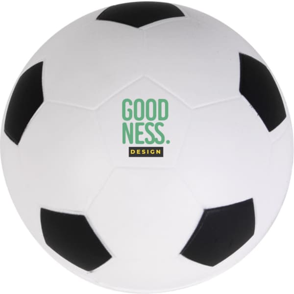 A white stress ball designed as a soccer ball, featuring black panels and a logo in green and black.