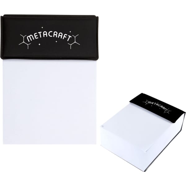 A Memo Pad with a black top cover and a white notepad section, featuring a logo on the cover.