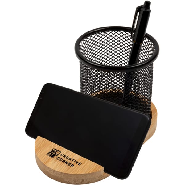 A bamboo pen tidy phone stand featuring a black wire mesh holder and a pen, designed for desk organisation.