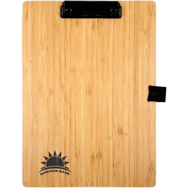 A bamboo A4 clipboard with a black clip and logo on the bottom left corner.