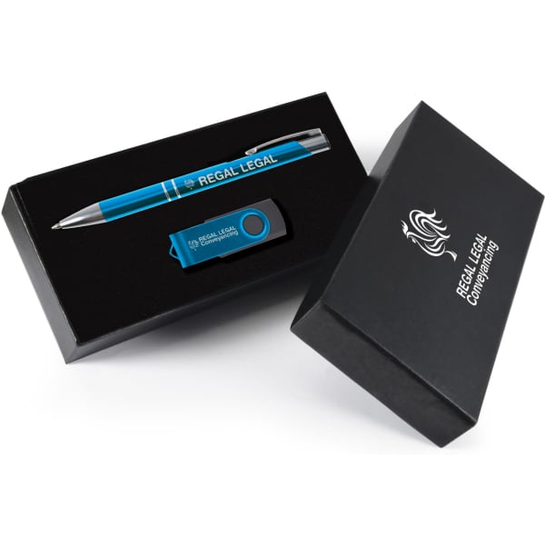 A black gift box containing a blue pen and a blue USB drive, with a logo on the products.