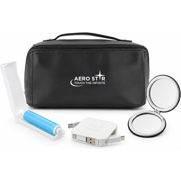 A travel toiletry bag in black, containing a roller, a charger, and a compact mirror, featuring a logo.
