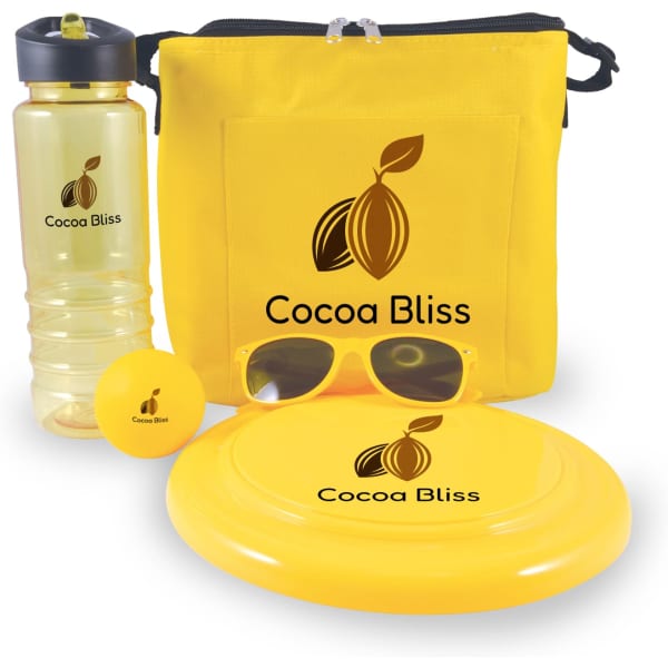 A yellow bag with a drink bottle, frisbee, ball, and sunglasses, all featuring a logo.
