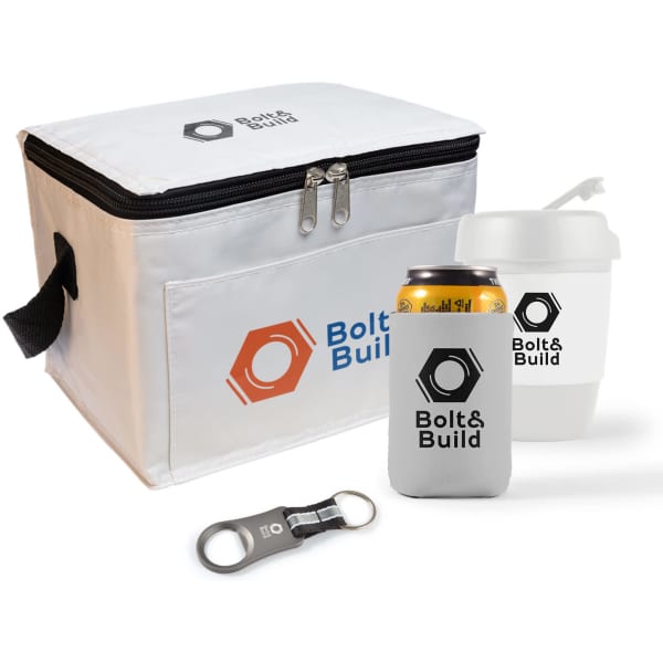 A white cooler bag with a logo, a drink can with a sleeve, a white cup, and a bottle opener.