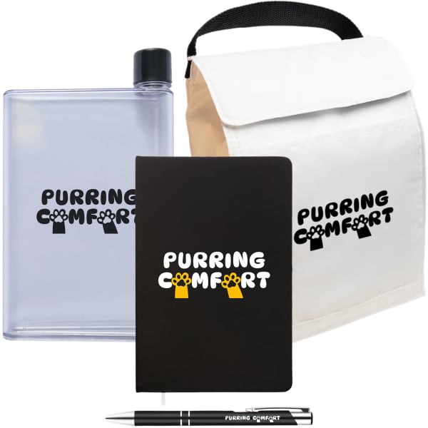 A transparent drink bottle, black notebook, and white cooler bag with a logo, all part of the 