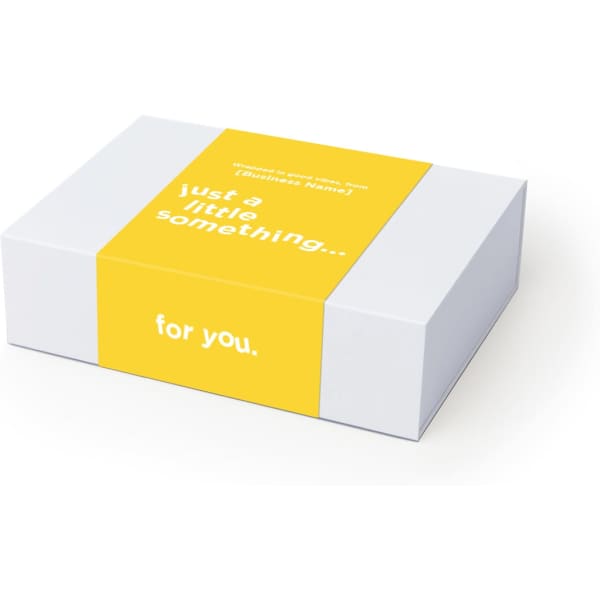 A gift box with a white exterior and a bright yellow band, featuring minimalist text.