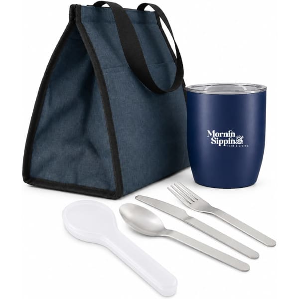 A navy blue lunch bag with a cup, silver cutlery, and a translucent spatula. The cup has a logo.