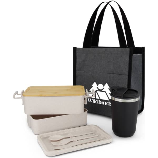 A grey cooler bag with a logo, two storage containers, a cup, and utensils. The containers have a bamboo lid.