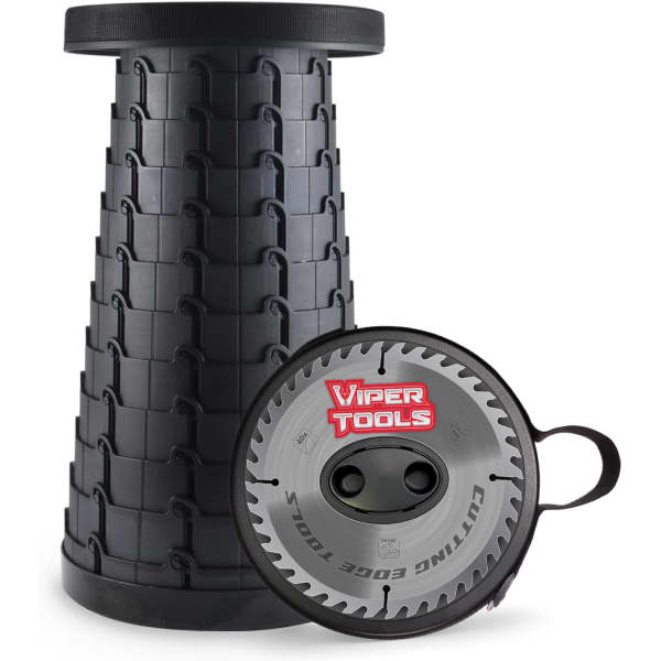 A black telescopic stool with a textured surface, accompanied by a circular cutting tool with a handle.
