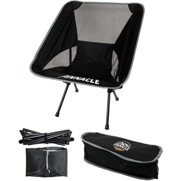 A black folding chair with a mesh seat, featuring a branded logo and an accompanying carry bag.