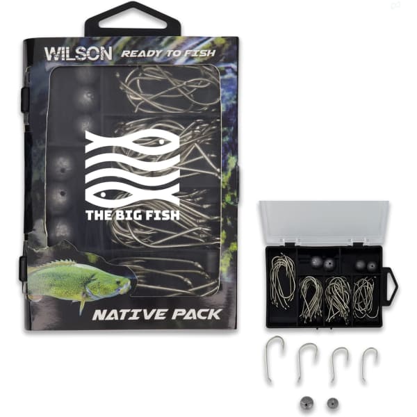 A fishing tackle kit featuring multiple hooks, weights, and a clear storage box, in shades of black and silver.