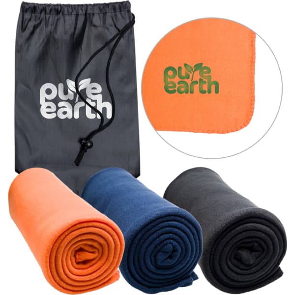 A set of three rolled blankets in orange, navy, and black, accompanied by a drawstring storage bag featuring a logo.