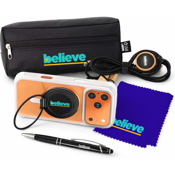 A tech pack featuring a black case, orange phone with a transparent cover, headphones, a pen, and a cleaning cloth.