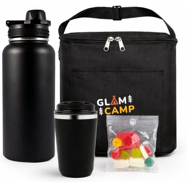 A black drink bottle, a black travel mug, a cooler bag, and a clear bag with colourful gummies.