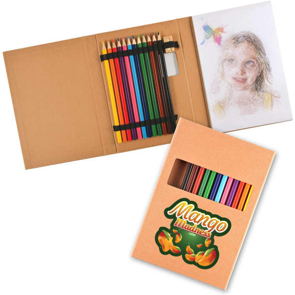 A pencil drawing set featuring a variety of coloured pencils in vibrant hues, packaged in a cardboard case.