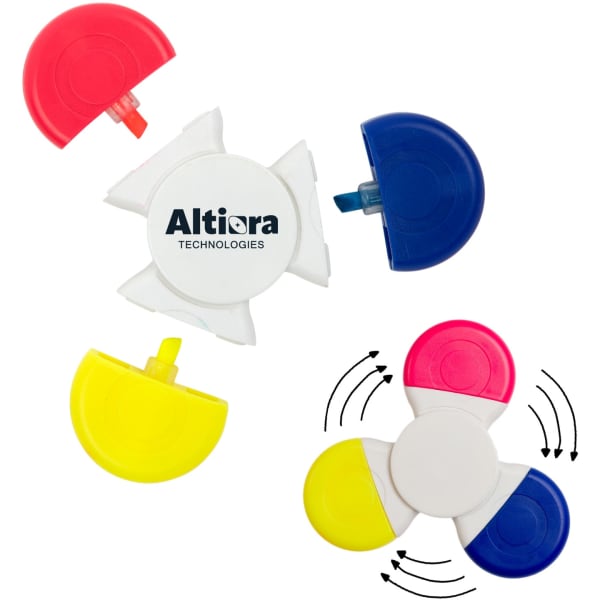 A Spinner Highlighter featuring four colours: red, blue, yellow, and white, with a central branding logo.