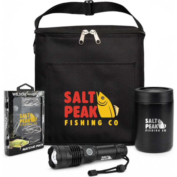 A black insulated bag containing a flashlight, a drink bottle, and a fishing tackle pack, all with logos.
