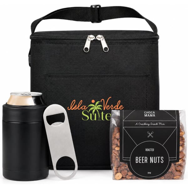 A black cooler bag containing a drink can, a bottle opener, and a packet of beer nuts.