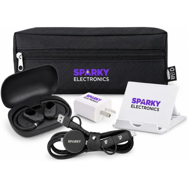 A black pouch containing wireless earbuds, a charging cable, a power adapter, and a phone stand. It has a logo.