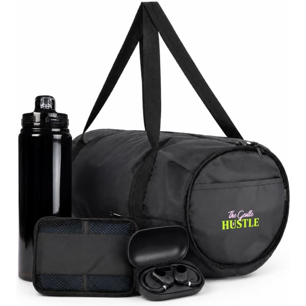 A black duffel bag accompanied by a black drink bottle, a small case, and wireless earbuds, featuring a branding logo.