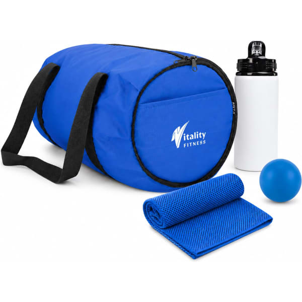 A blue duffle bag containing a white drink bottle, blue foam ball, and blue towel. The bag features a logo.
