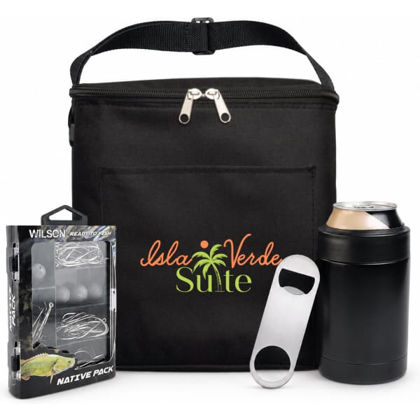 A black cooler bag with a logo, alongside a fishing lure pack, a bottle opener, and a can.