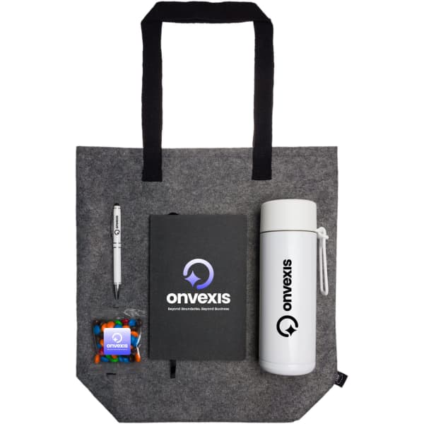 A grey tote bag containing a white drink bottle, a notebook, a pen, and colourful treats. It features a logo.