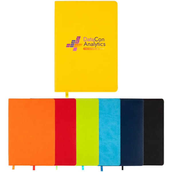 A collection of Genesis A5 Notebooks in yellow, orange, blue, green, black, and navy, featuring a logo on the front.