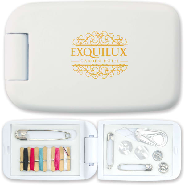 A white sewing kit with threads in various colours, buttons, safety pins, and a needle, featuring a logo on the lid.