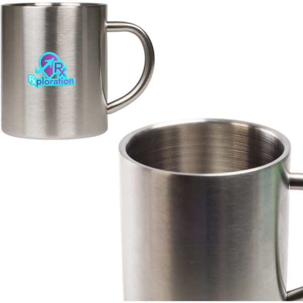 A stainless steel coffee mug with a handle, featuring a logo on the front.