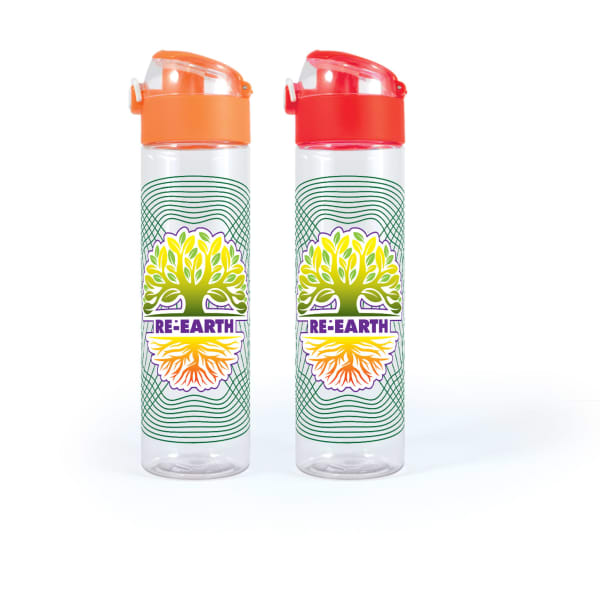 A drink bottle set featuring two transparent bottles with colourful lids; one orange and one red, both with a tree design.