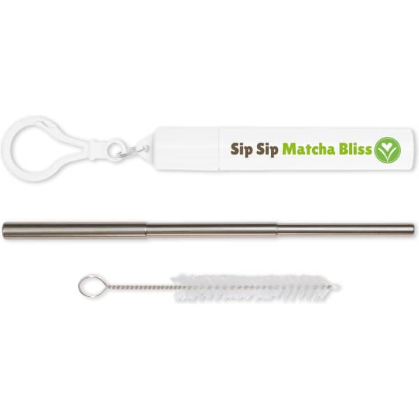 A stainless steel telescopic straw, a cleaning brush, and a storage case with a logo, all in white and silver.