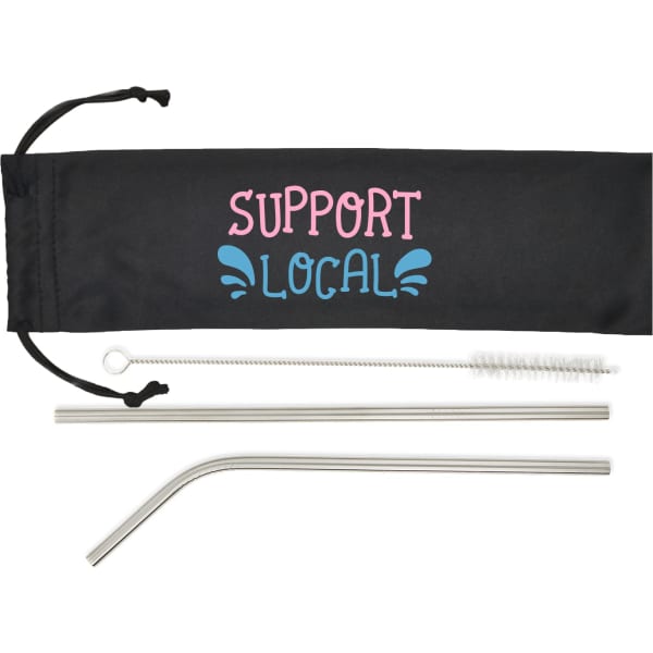 A drink straw set featuring two stainless steel straws, a cleaning brush, and a drawstring pouch with branding.