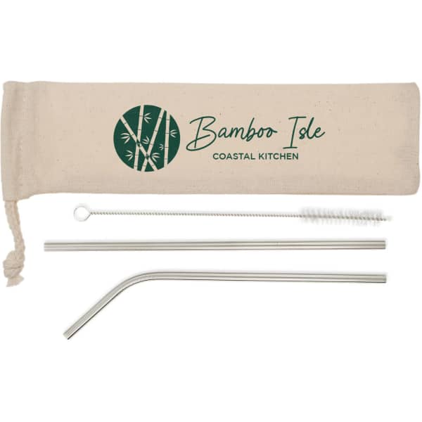 A drink straw set featuring stainless steel straws, a cleaning brush, and a canvas pouch with a logo.