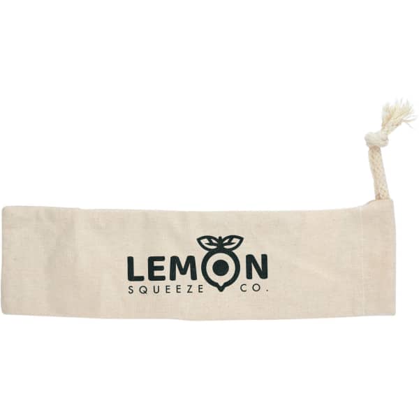 A cream drawstring pouch featuring a logo, made from canvas material.