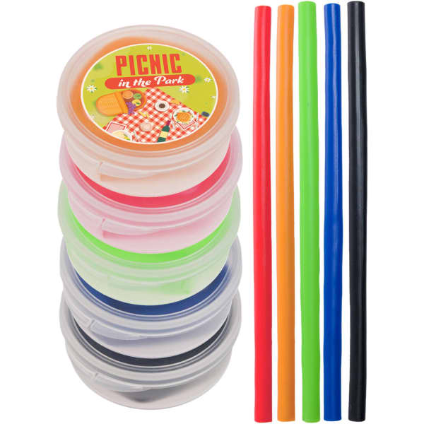 A set of silicone straws in various colours including red, blue, green, and black, packaged in a transparent case.
