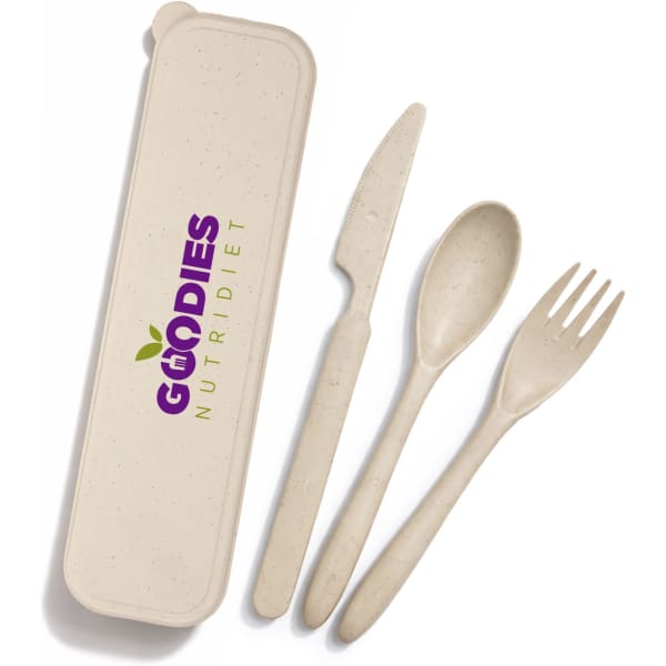 A beige cutlery set featuring a knife, fork, and spoon, all housed in a matching case with a logo.