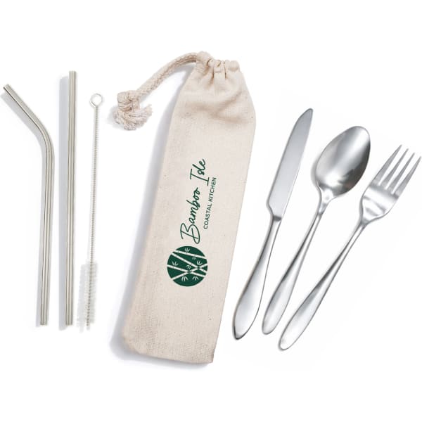 Stainless steel cutlery set in a calico pouch with a straw and cleaning brush, featuring a logo on the pouch.