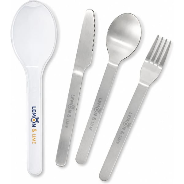 A stainless steel cutlery set including a spoon, knife, fork, and a storage case, featuring a logo.