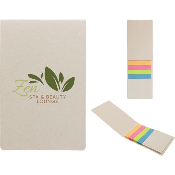 A set of sticky notes in various colours, packaged in a tan folder with a logo.