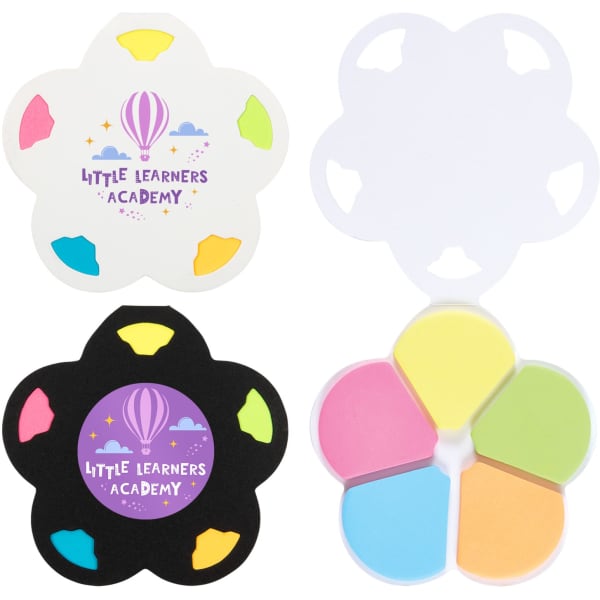A set of flower-shaped sticky notes in pastel colours, featuring a logo on a black and white background.