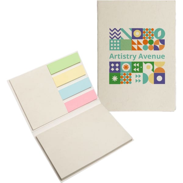 A booklet with a variety of pastel sticky notes in green, yellow, pink, and blue, featuring a colourful emblem.